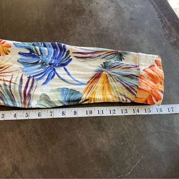 Chicos Jacket Women PMedium Linen Palm Print Snap Front Safari Roll Tab Sleeve - Picture 10 of 12